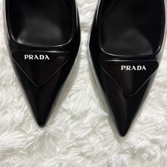 Prada Black Patent Slingback Pointed Pumps with Logo Plaque - Picture 6 of 8